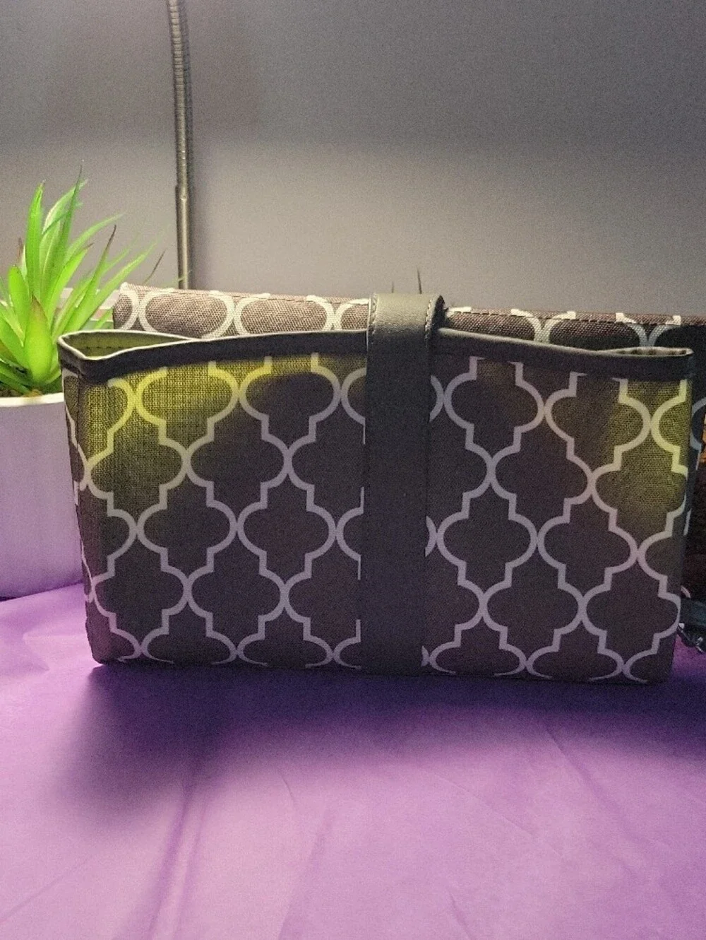 Gray Geometric Pattern Baby Changing Pad Bag Clutch with Wrist Strap